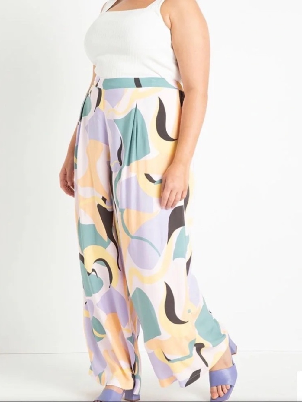 Eloquii Printed Wide Leg Palazzo High Rise Pants Plus Size 16 Pastel Pull On